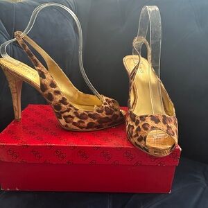 Guess by Marciano Vintage Leopard Brown Slingback Peep Toe Cork Pumps sz9 EUC
